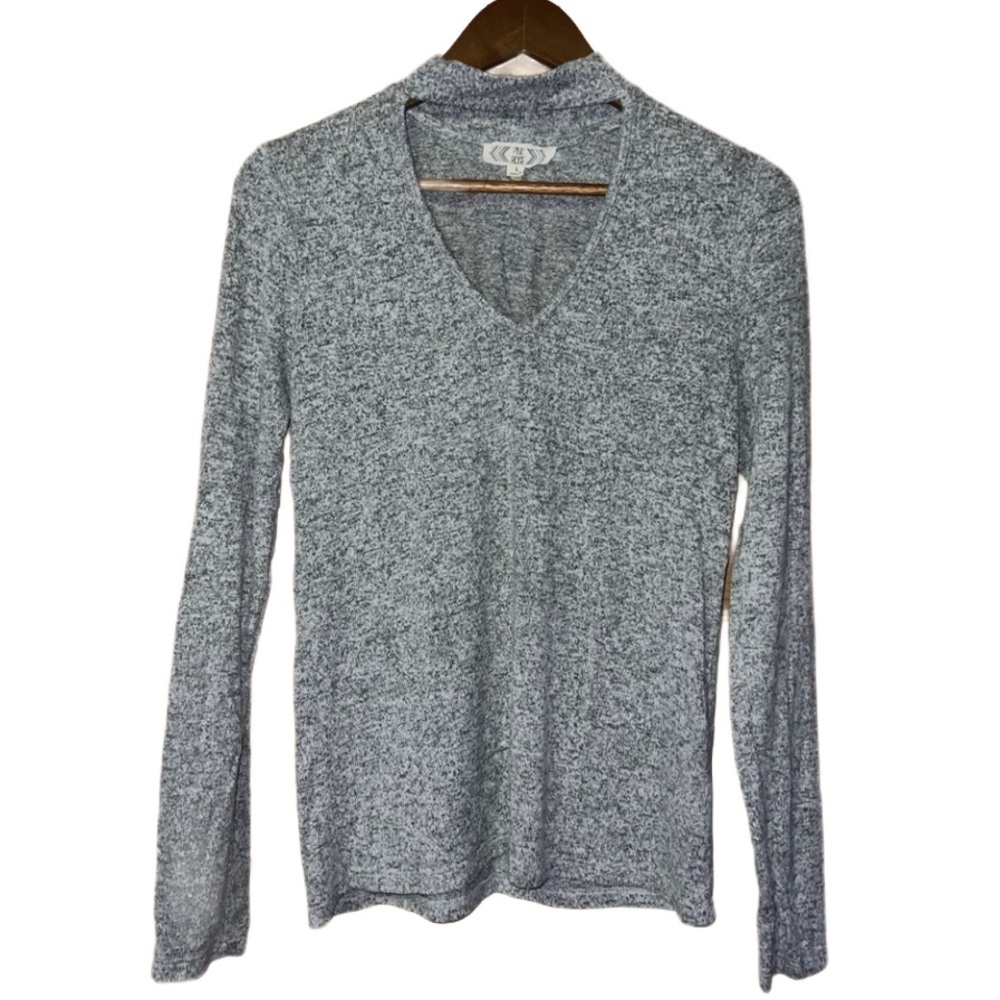 EUC Pink Rose Gray Mock Neck Cutout V-neck Long Sleeve Sweater Size Large